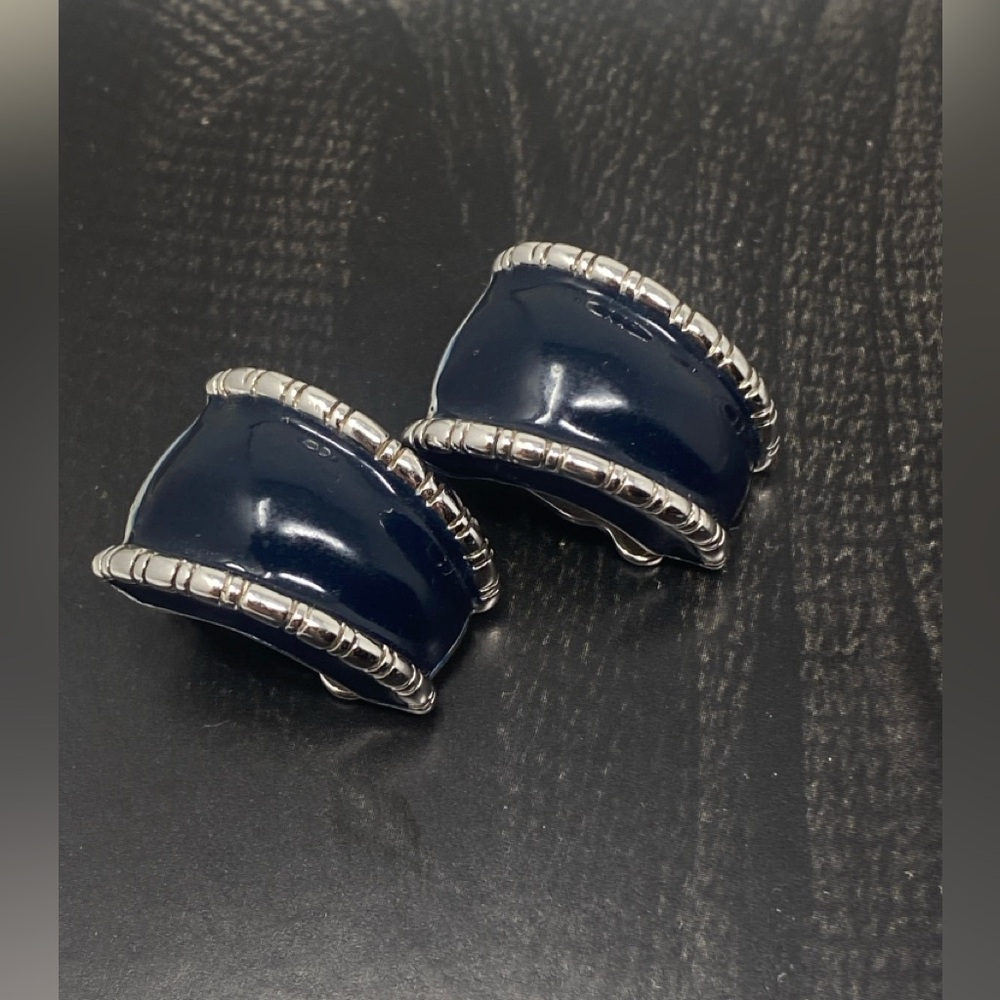 St. John Vintage Black Half Hoop Silver  Clip On Earrings - Picture 5 of 15